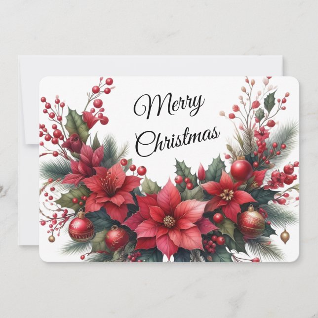 Watercolor Red Merry Christmas Flower  Holiday Card (Front)