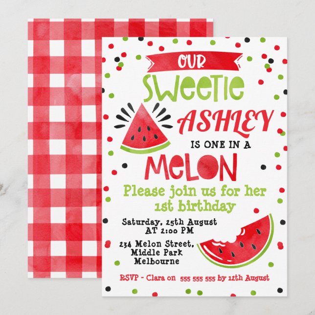 Watercolor Red One In A Melon Birthday Invitation (Front/Back)