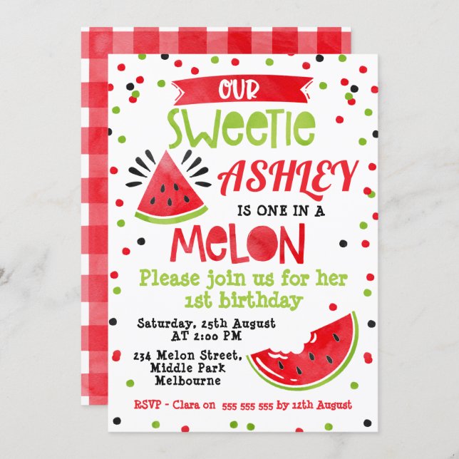 Watercolor Red One In A Melon Birthday Invitation (Front/Back)
