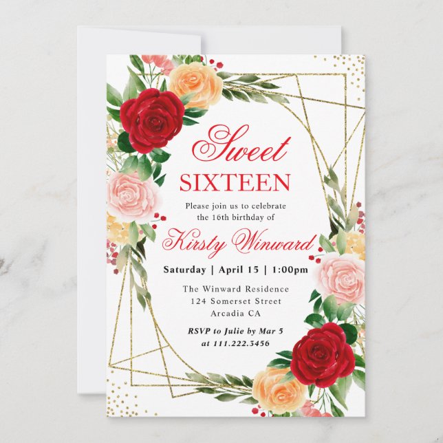 Watercolor Red Orange Roses Frame Sweet 16 Invitation (Front)