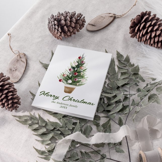 Watercolor Red Ornaments Tree Merry Christmas Holiday Card (Creator Uploaded)