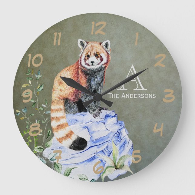 Watercolor Red Panda Monogram Sage Gold Large Clock (Front)