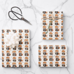 Watercolor Red Pandas on Off White Wrapping Paper Sheets