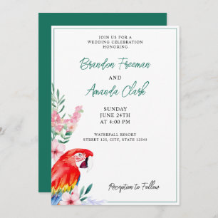 Watercolor Red Parrot Floral Wedding Invitation