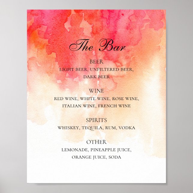 Watercolor red peach wedding alcohol drinks bar poster (Front)