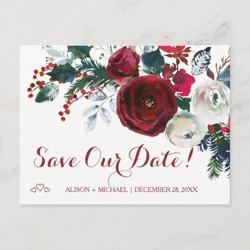 Watercolor red peonies winter wedding save date announcement postcard