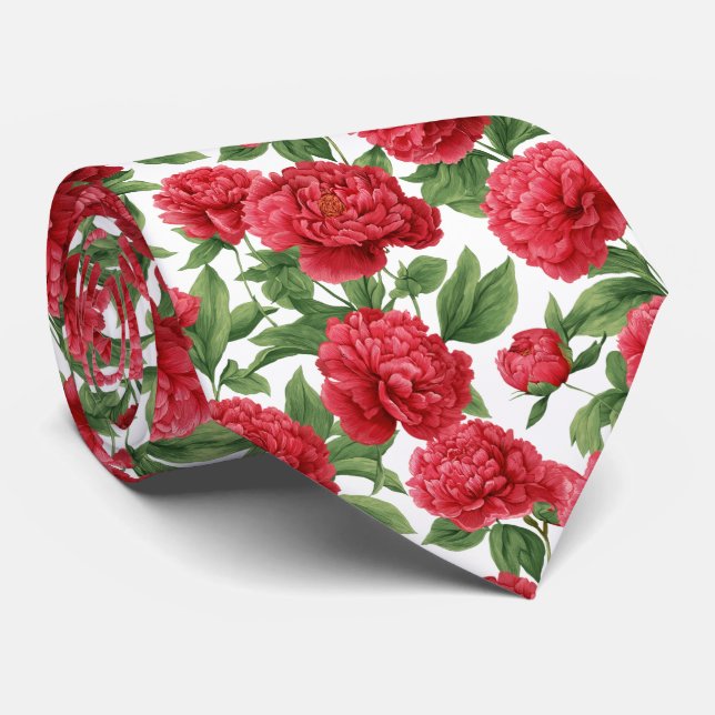 Watercolor Red Peony Floral Pattern Neck Tie (Rolled)