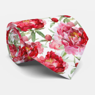Watercolor Red Peony Pattern Neck Tie