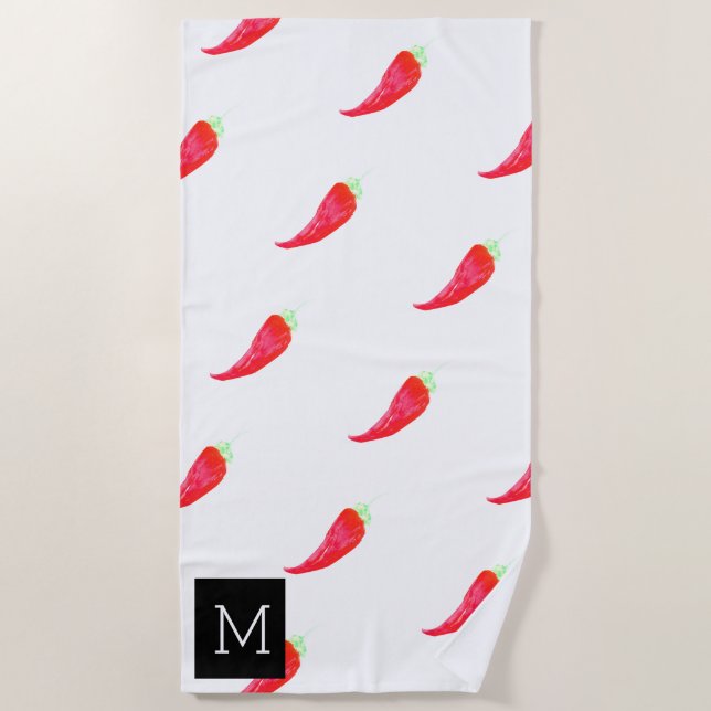 Watercolor Red Peppers Initial Beach Towel (Front)