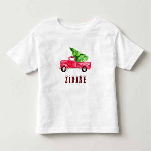 Watercolor Red pickup truck Christmas tree cute Toddler T_shirt