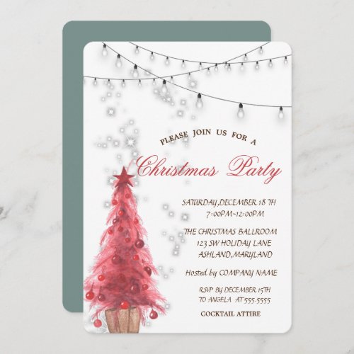 Watercolor Red PineTreeLightsChristmas Party Invitation