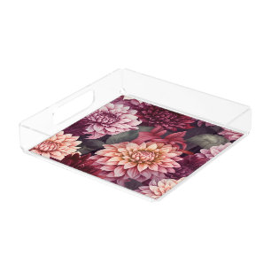 Watercolor Red Pink Dahlia Pattern Design Acrylic Tray