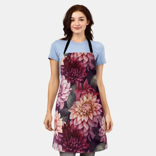 Watercolor Red Pink Dahlia Pattern Design Apron