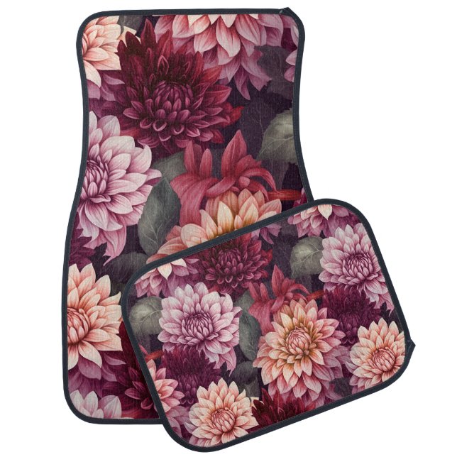 Watercolor Red Pink Dahlia Pattern Design Car Floor Mat (Set)