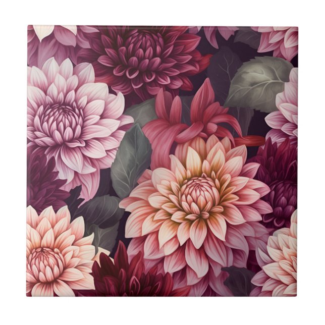Watercolor Red Pink Dahlia Pattern Design Ceramic Tile (Front)