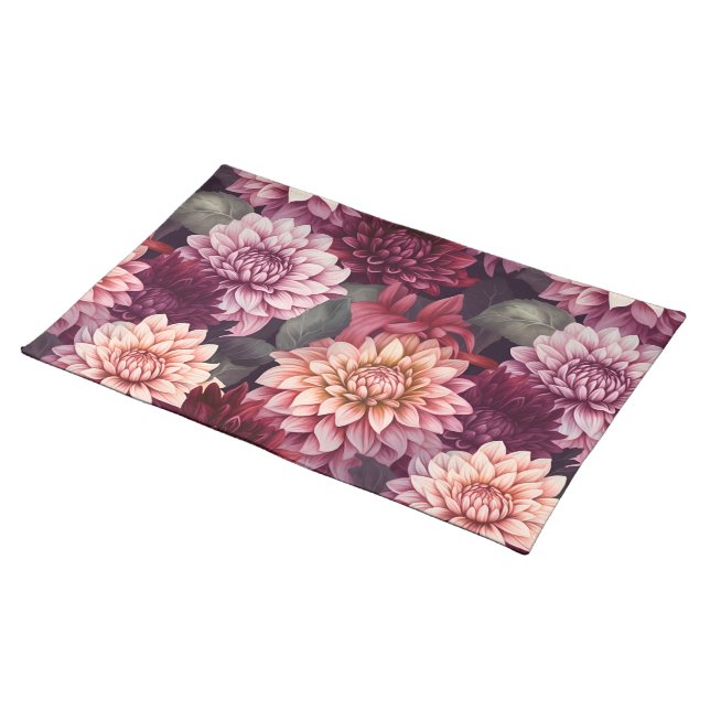 Watercolor Red Pink Dahlia Pattern Design Cloth Placemat (On Table)