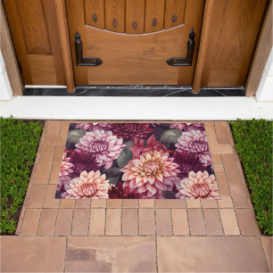 Watercolor Red Pink Dahlia Pattern Design Doormat