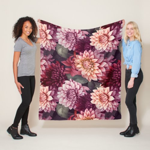 Watercolor Red Pink Dahlia Pattern Design Fleece Blanket