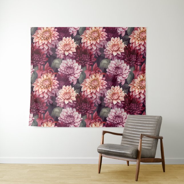 Watercolor Red Pink Dahlia Pattern Design Tapestry (In Situ (Horizontal))