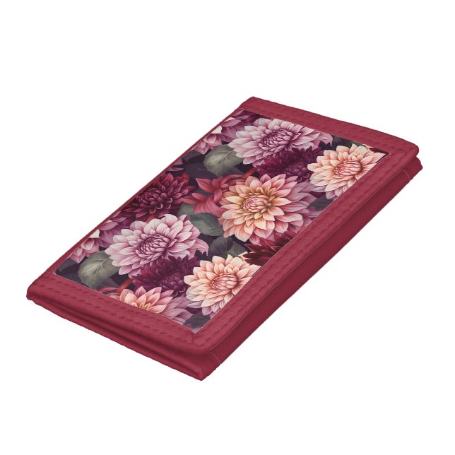 Watercolor Red Pink Dahlia Pattern Design Trifold Wallet (Bottom)