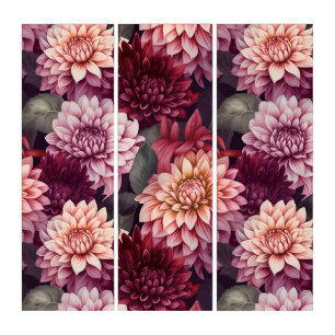 Watercolor Red Pink Dahlia Pattern Design Triptych