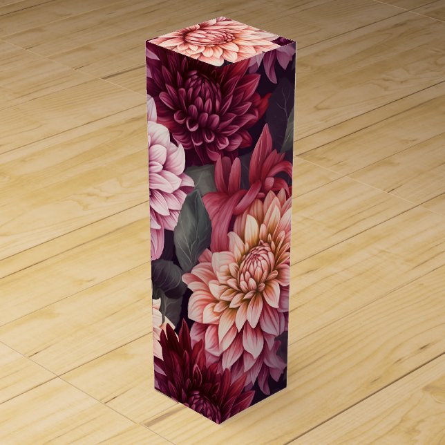 Watercolor Red Pink Dahlia Pattern Design Wine Box (Front)