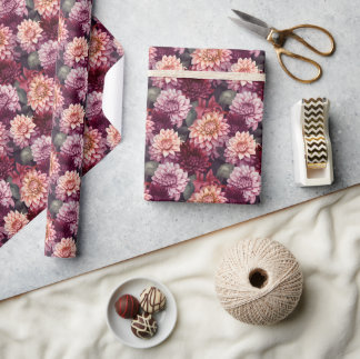 Watercolor Red Pink Dahlia Pattern Design Wrapping Paper