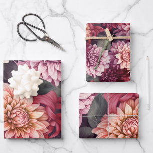 Watercolor Red Pink Dahlia Pattern Design Wrapping Paper Sheets