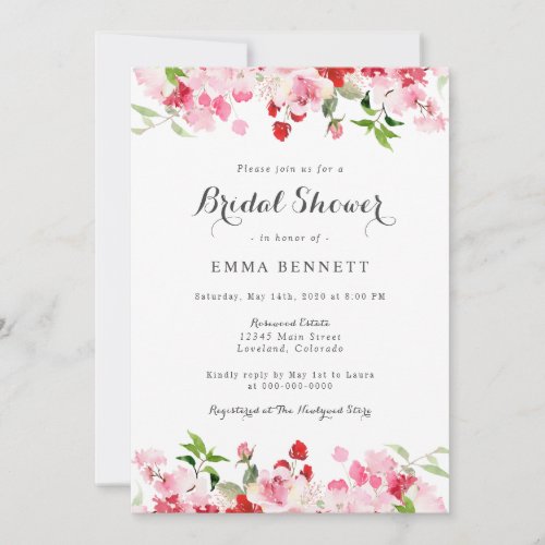 Watercolor Red Pink Floral Bridal Shower Invitatio Invitation