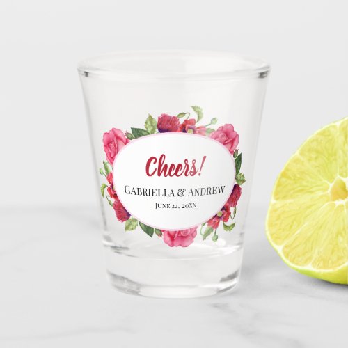 Watercolor Red  Pink Floral Circle Wreath Wedding Shot Glass