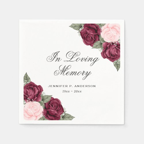 Watercolor Red Pink Floral Funeral Memorial Napkins