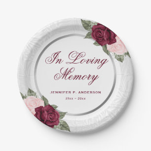 Watercolor Red Pink Floral Memorial Funeral Paper Plates