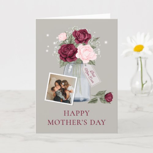 Watercolor Red Pink Floral Photo Mothers Day Card