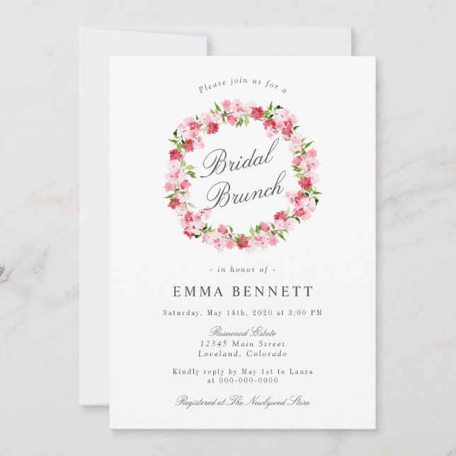 Watercolor Red Pink Floral Wreath Bridal Brunch Invitation (Front)