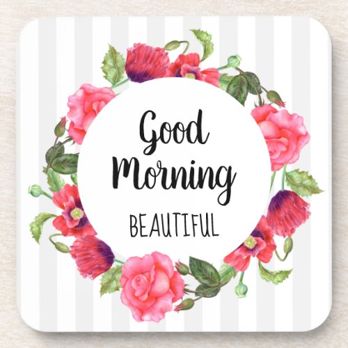 Watercolor Red  Pink Flowers Circle Wreath Design Beverage Coaster
