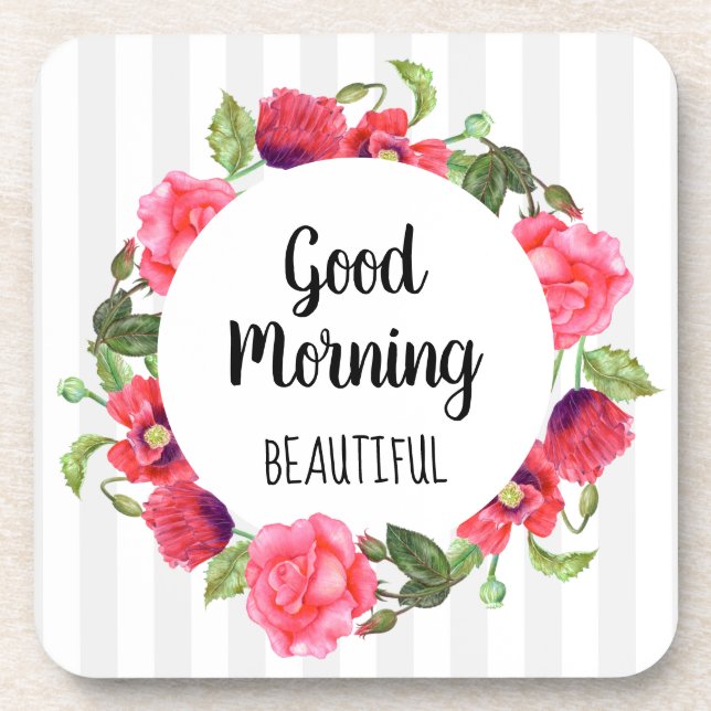 Watercolor Red & Pink Flowers Circle Wreath Design Beverage Coaster (Front)