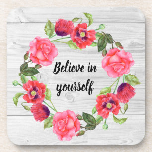 Watercolor Red & Pink Flowers Circle Wreath Design Beverage Coaster