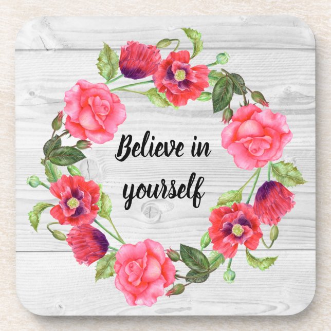 Watercolor Red & Pink Flowers Circle Wreath Design Beverage Coaster (Front)