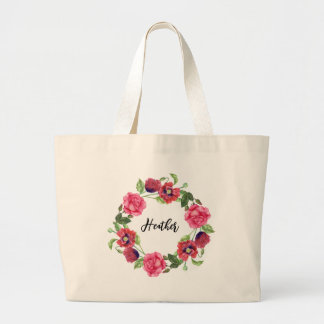 Watercolor Red & Pink Flowers Circle Wreath Design Large Tote Bag