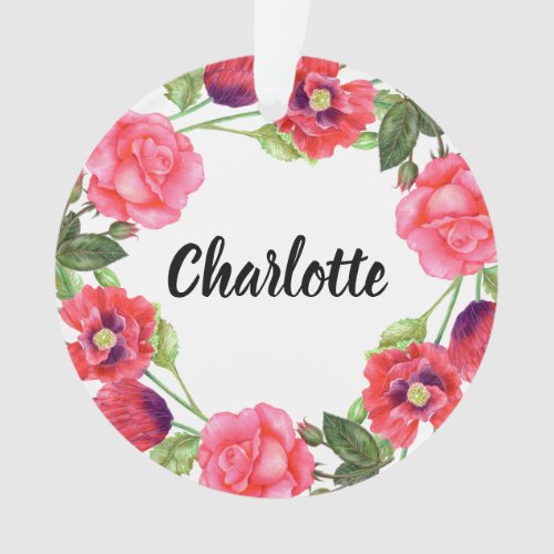 Watercolor Red  Pink Flowers Circle Wreath Design Ornament