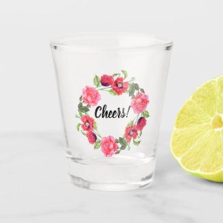 Watercolor Red & Pink Flowers Circle Wreath Design Shot Glass