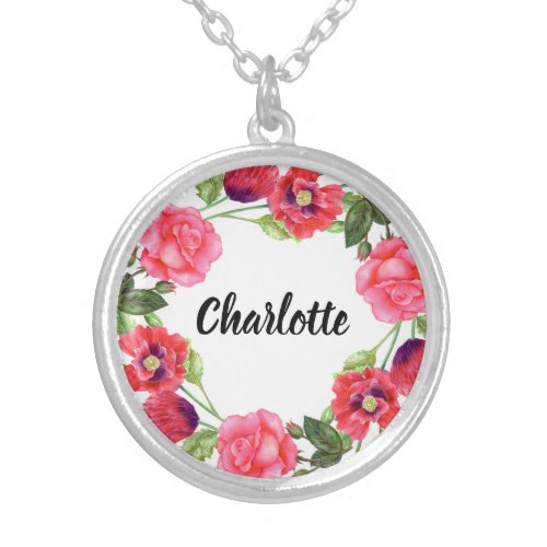 Watercolor Red  Pink Flowers Circle Wreath Design Silver Plated Necklace