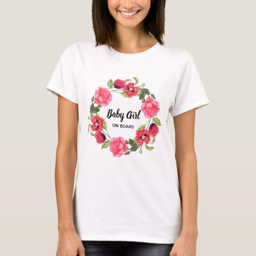 Watercolor Red  Pink Flowers Circle Wreath Design T_Shirt