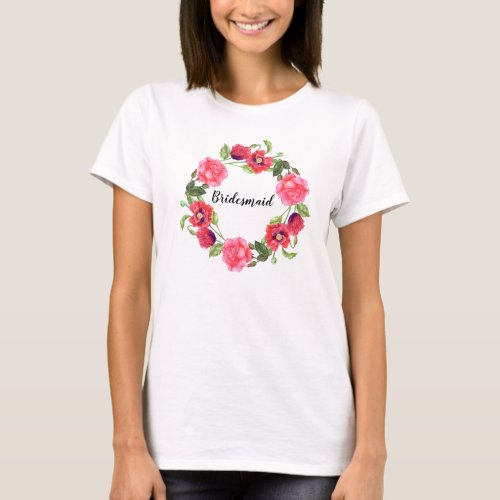 Watercolor Red  Pink Flowers Circle Wreath Design T_Shirt