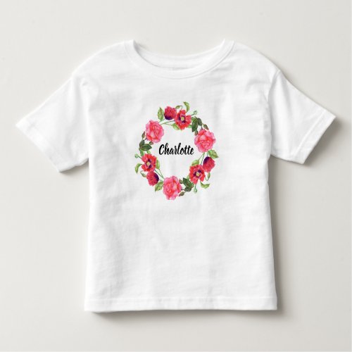 Watercolor Red  Pink Flowers Circle Wreath Design Toddler T_shirt