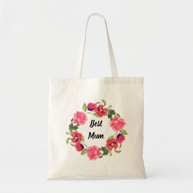 Watercolor Red & Pink Flowers Circle Wreath Design Tote Bag (Front)