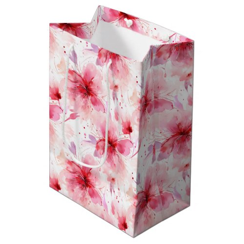 Watercolor Red Pink Flowers Floral Spring Pattern  Medium Gift Bag