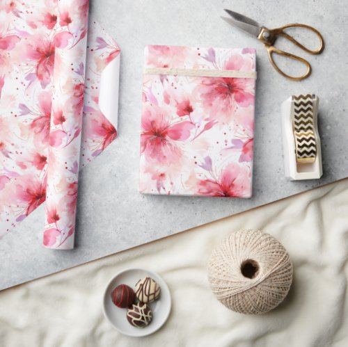 Watercolor Red Pink Flowers Floral Spring Pattern  Wrapping Paper