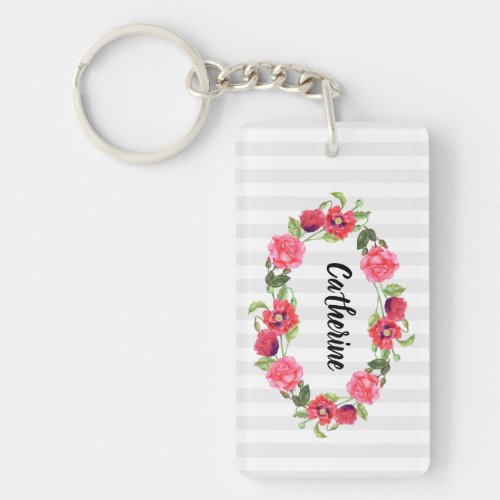 Watercolor Red  Pink Flowers Oval Wreath Design Keychain