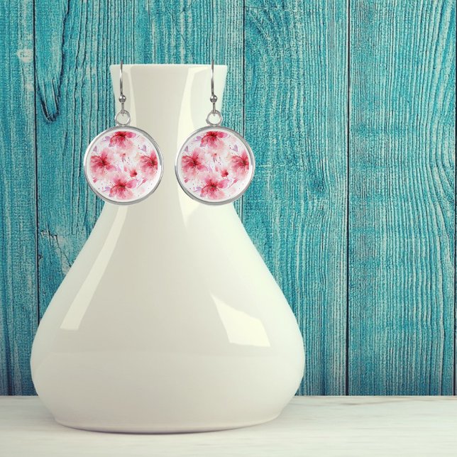 Watercolor Red Pink Flowers Spring Floral Pattern  Earrings (Creator Uploaded)